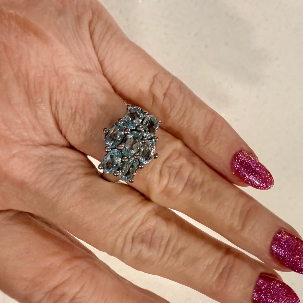 Blue Topaz, white gold over sterling silver band, size 7, NWOT